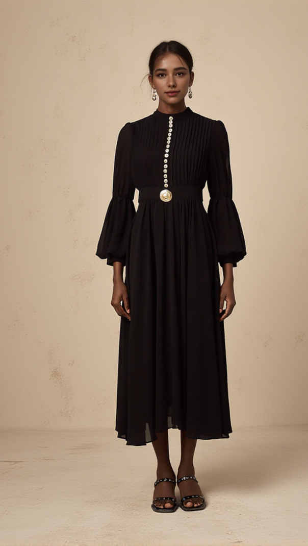 AIIZIE LANTERN SLEEVE SILK MIDI DRESS IN BLACK - product image