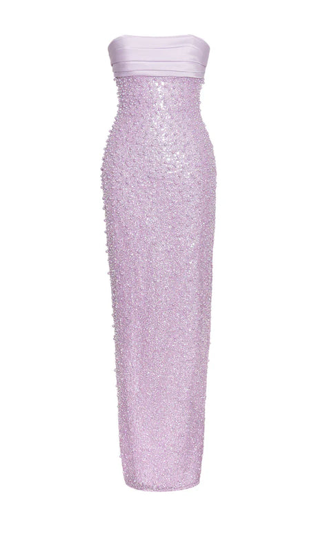 ABITO LUNGO CON PERLINE E PAILLETTES IN RASO ROSA