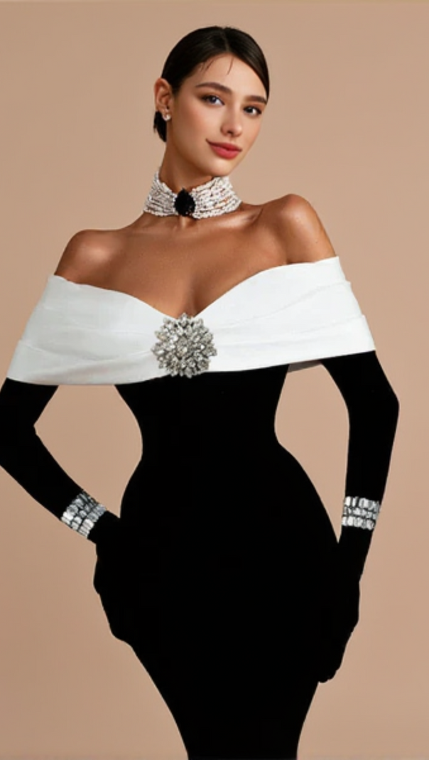 AIIZIE OFF NECK BACKLESS DIAMOND BANDAGE BLACK MAXI DRESS - product image