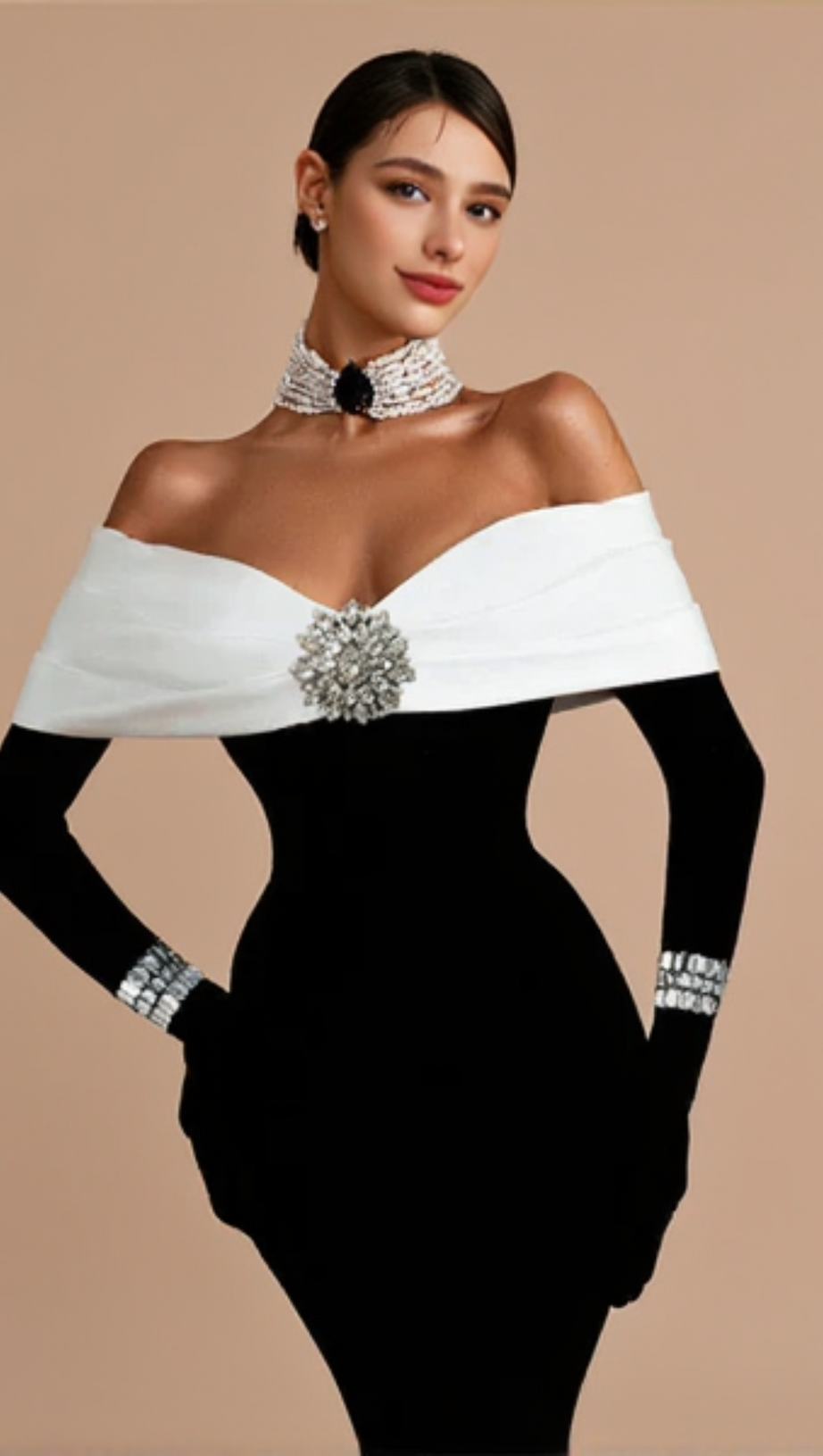 OFF NECK BACKLESS DIAMOND BANDAGE BLACK MAXI DRESS