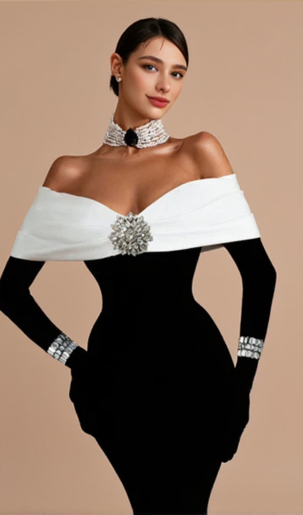 OFF NECK BACKLESS DIAMOND BANDAGE BLACK MAXI DRESS