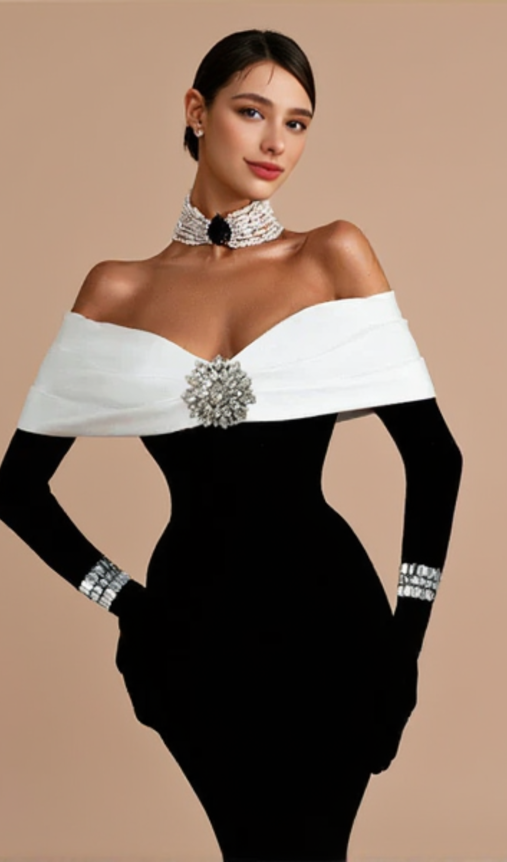 OFF NECK BACKLESS DIAMOND BANDAGE BLACK MAXI DRESS