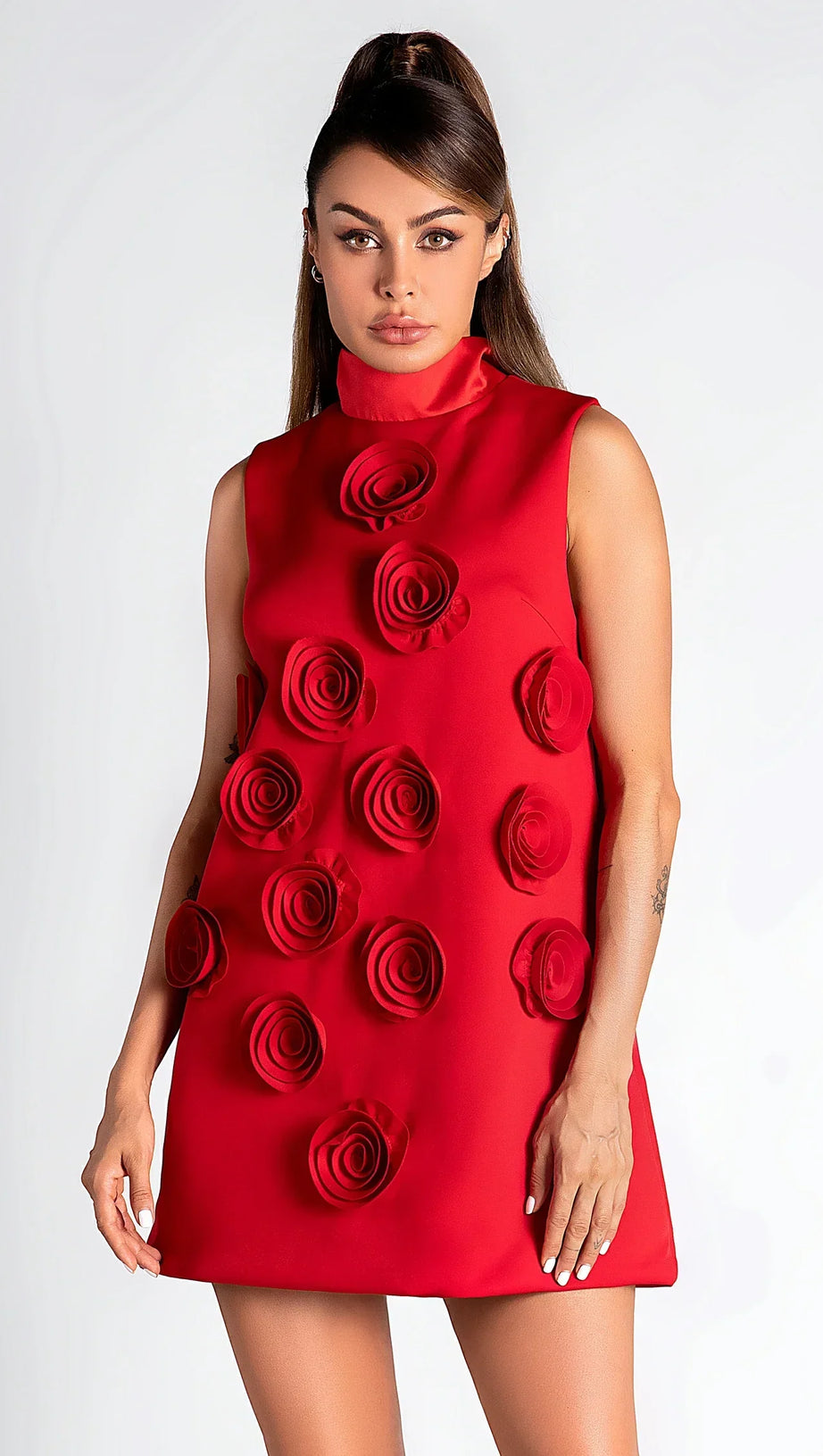 NONYAH HIGH NECK 3D FLOWER MINI DRESS