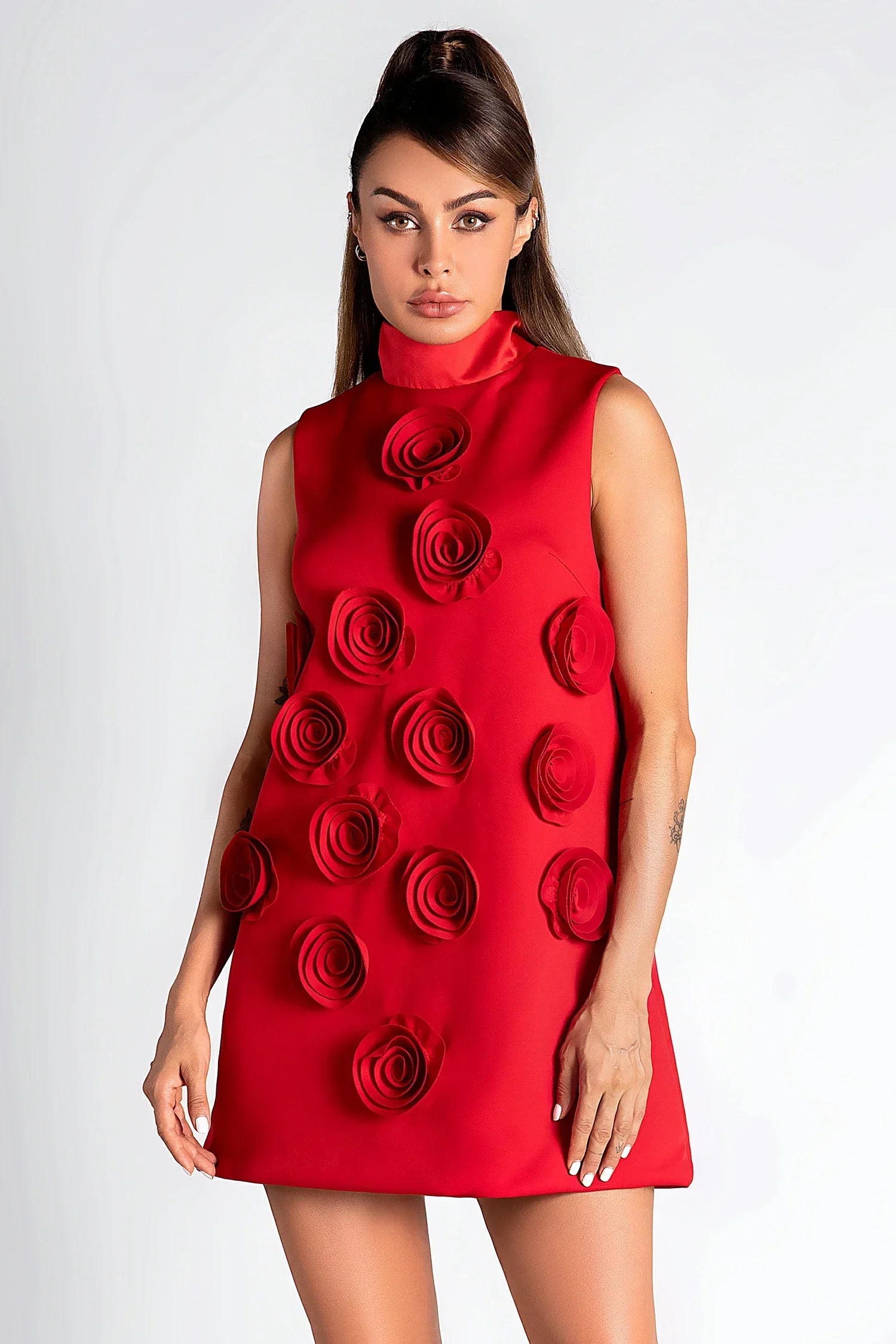 NONYAH HIGH NECK 3D FLOWER MINI DRESS