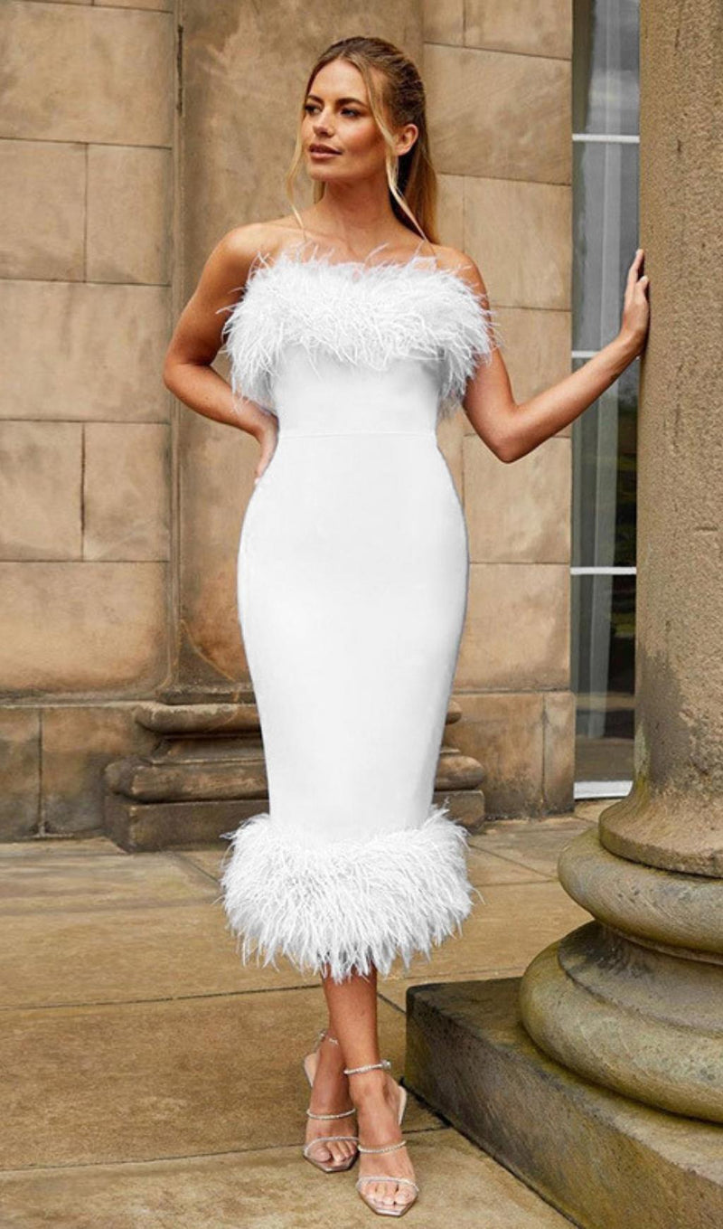 FEATHER BODYCON MIDI DRESS