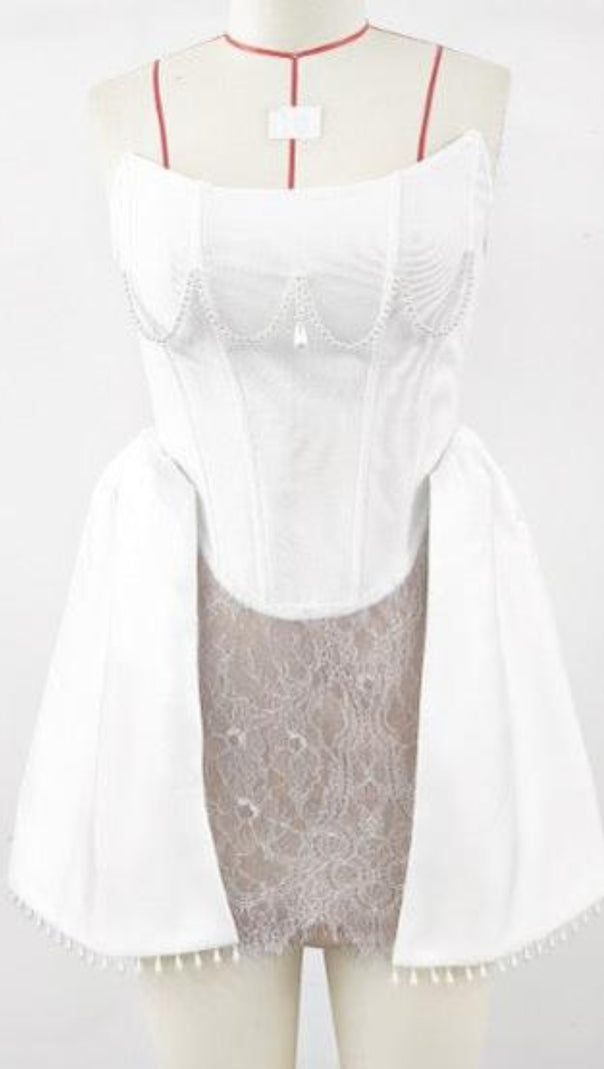 AIIZIE VICKY PEARL LACE EMBELLISHED BANDAGE MINI DRESS IN WHITE - product image