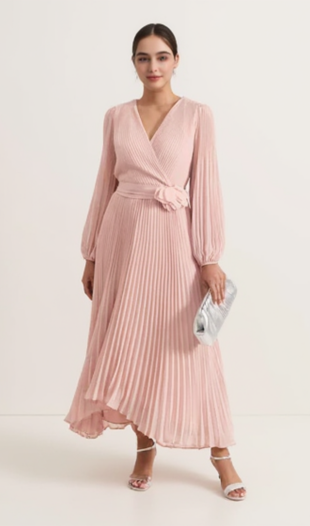 LANTERN SLEEVE PLEATED MAXI DRESS IN PALE PINK