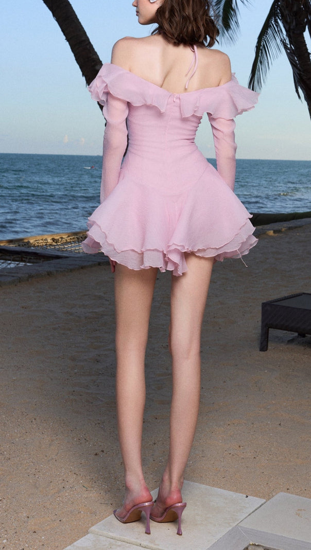 AIIZIE RUFFLED HALTER MINI DRESS IN PINK - product image