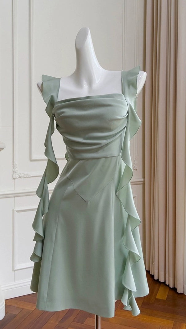 AIIZIE SAGE GREEN SATIN MINI DRESS - product image