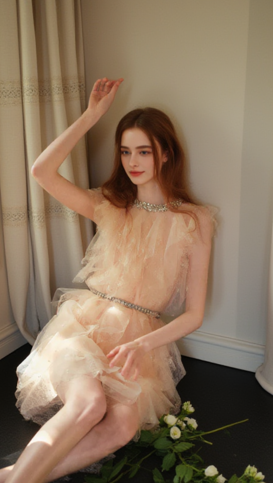 CRYSTAL EMBELLISHED RUFFLE MINI DRESS IN PALE PINK