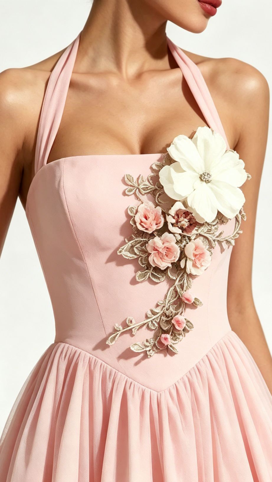 Flower Embroidery Cressida backless puffy Midi Dress - Blush