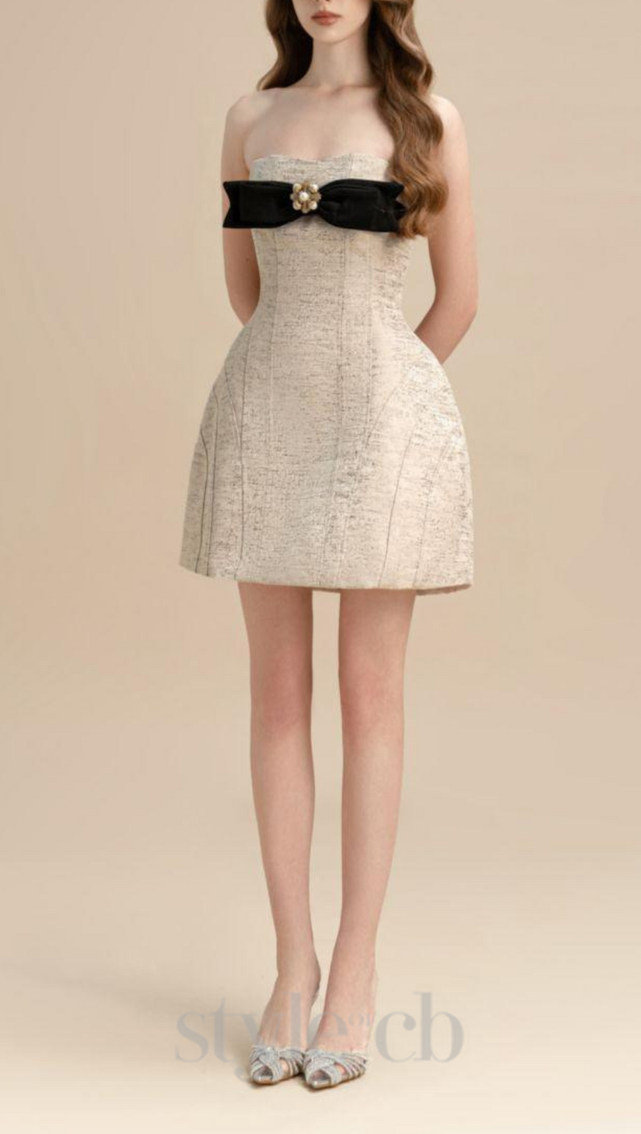 TINA STRAPLESS BOW JACQUARD MINI DRESS IN PINK BEIGE