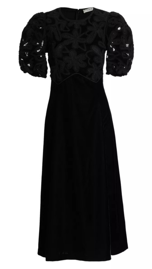 AIIZIE VELVET PUFF SLEEVE EMBROIDERED MIDI DRESS IN BLACK - product image
