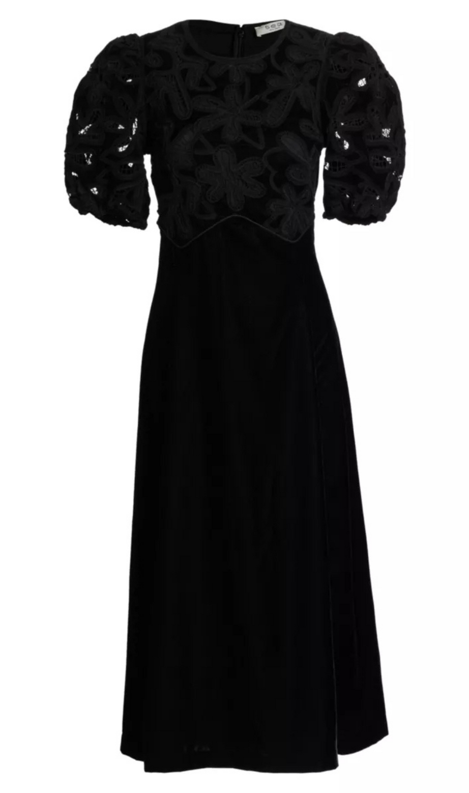 Besticktes Midikleid aus Samt mit Puffärmeln in Schwarz