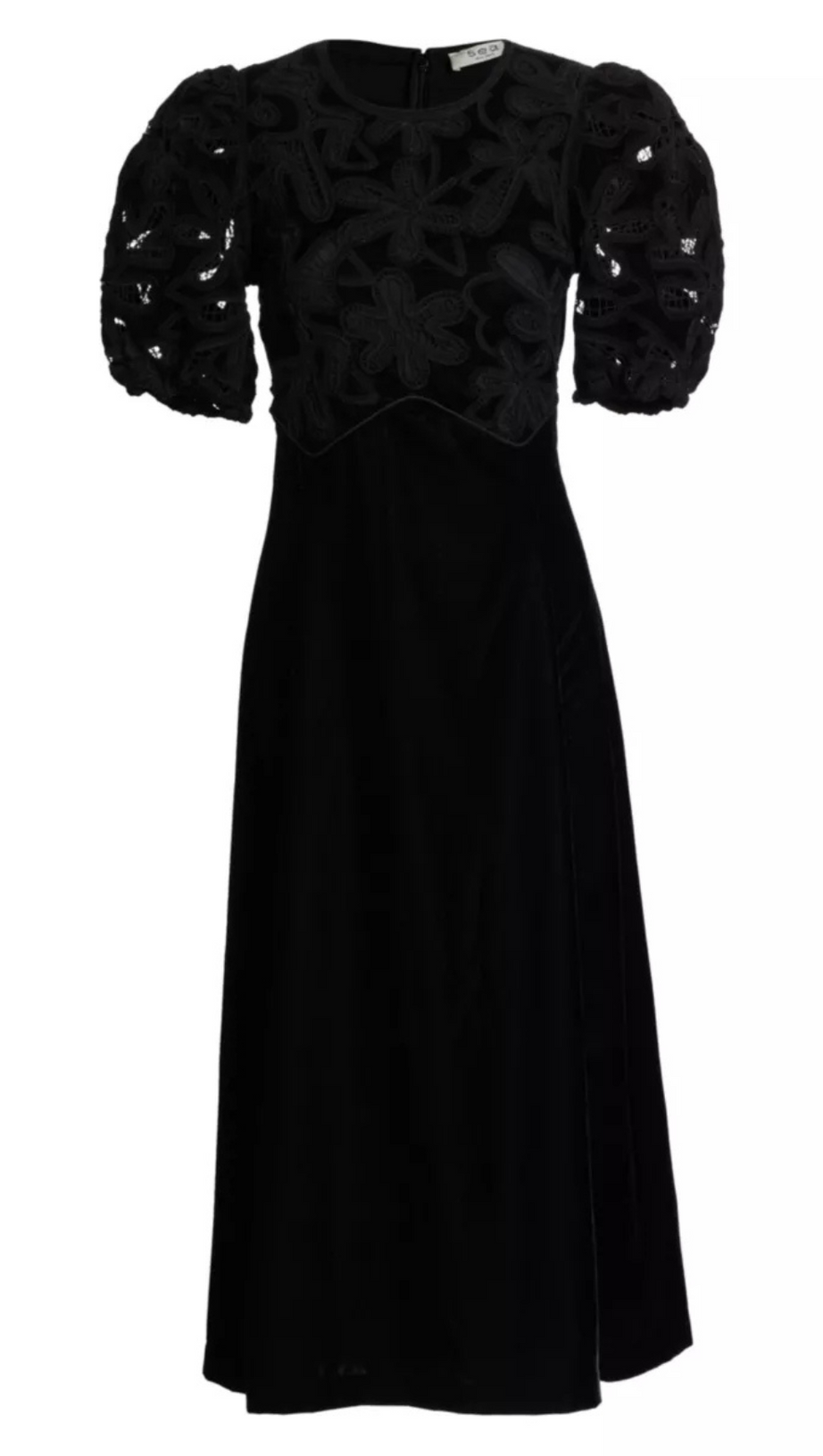 VELVET PUFF SLEEVE EMBROIDERED MIDI DRESS IN BLACK