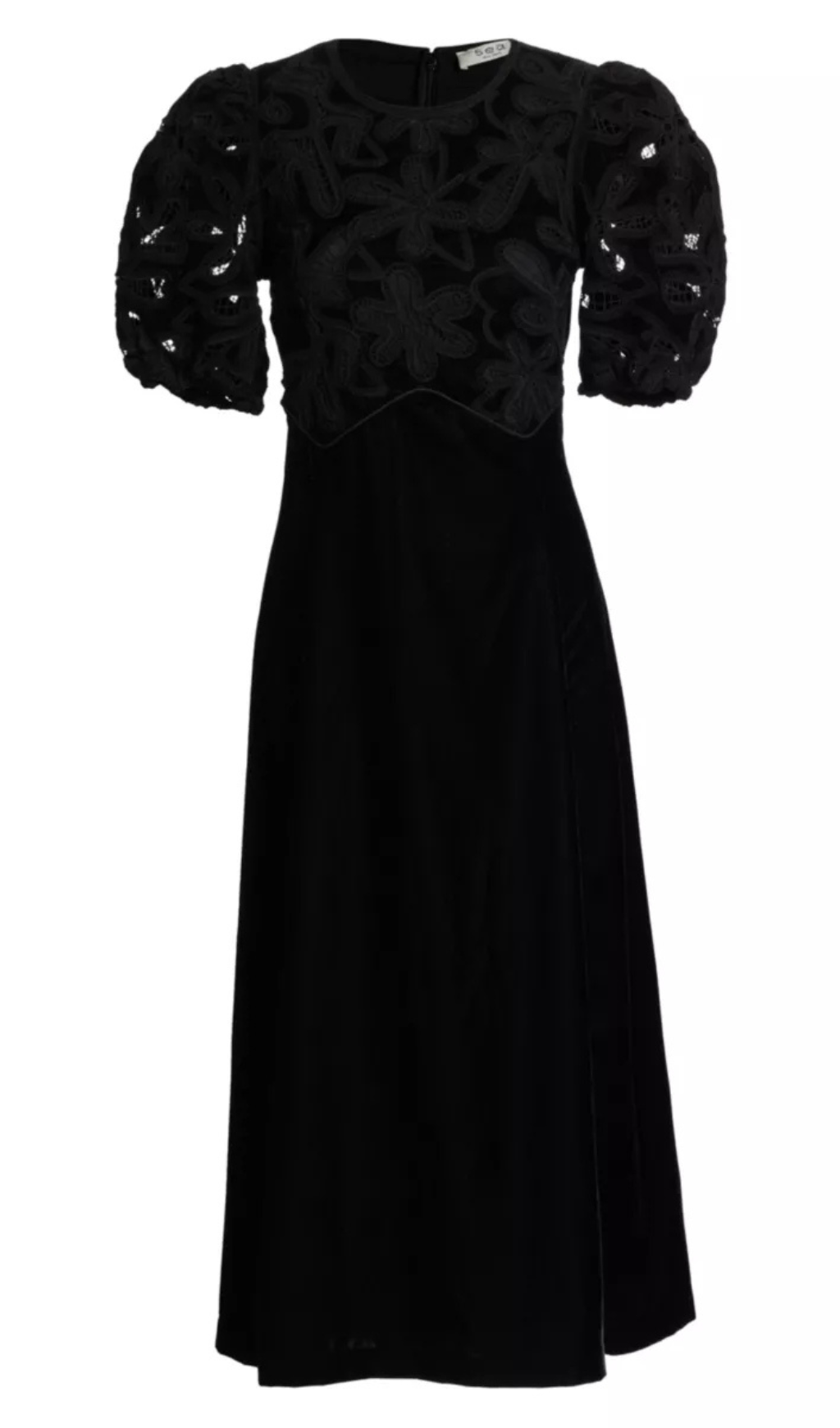 VELVET PUFF SLEEVE EMBROIDERED MIDI DRESS IN BLACK