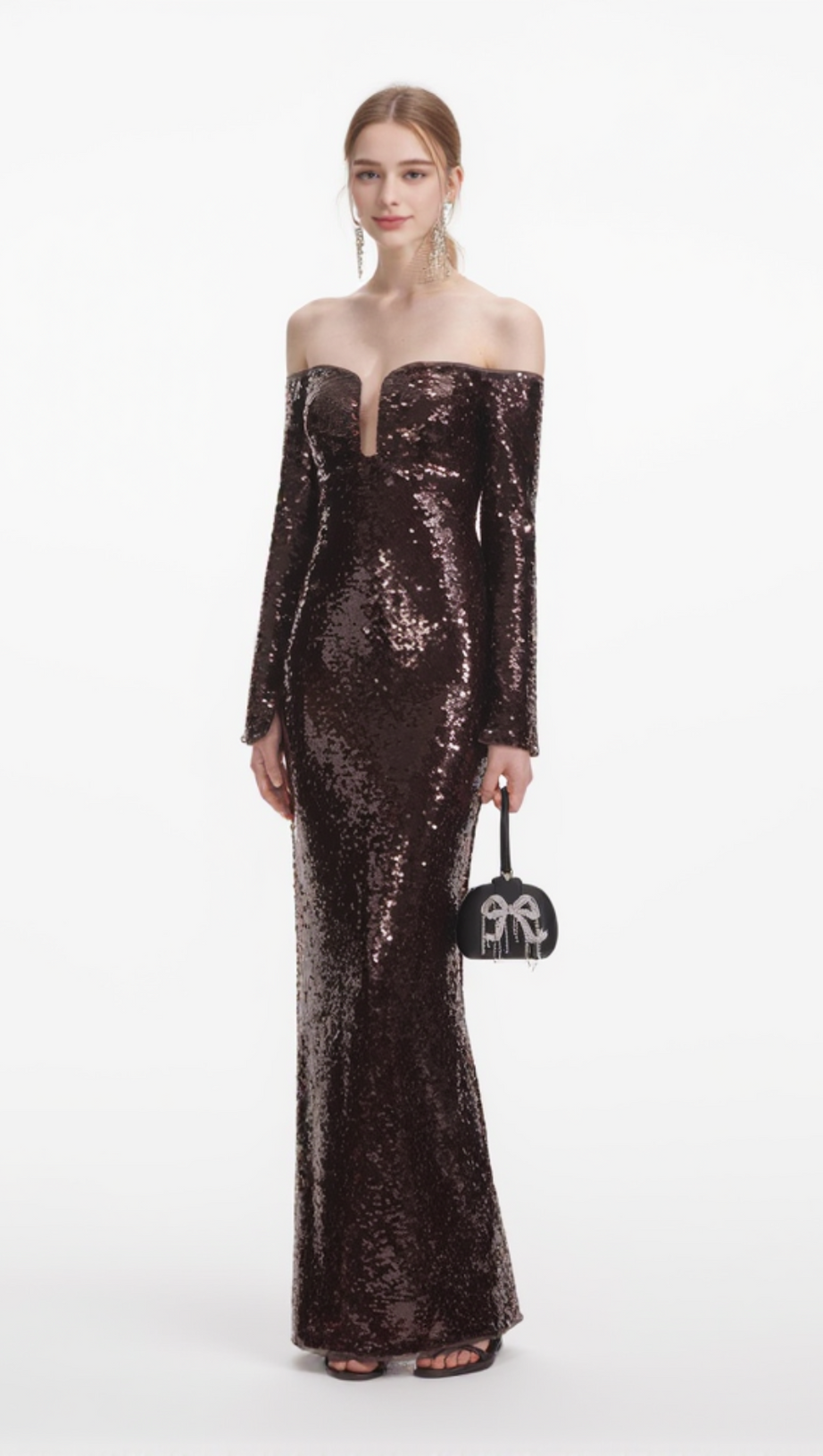 ABITO LUNGO CON PAILLETTES A MANICHE LUNGHE, MARRONE