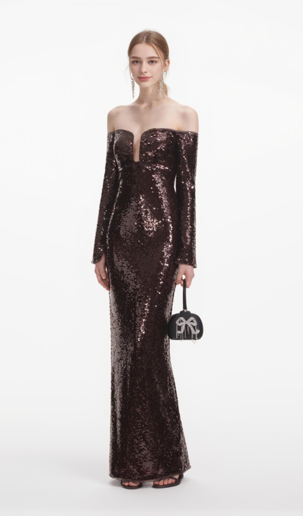 ABITO LUNGO CON PAILLETTES A MANICHE LUNGHE, MARRONE