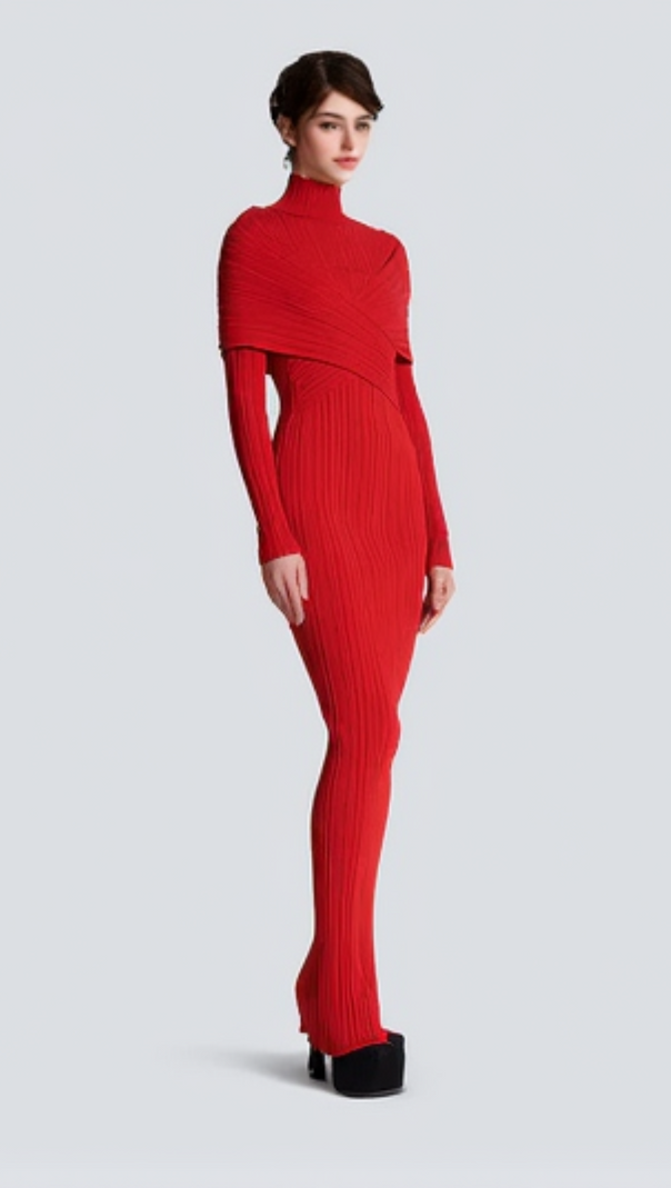 AIIZIE LONG SLEEVE PLEATED KNIT MAXI DRESS IN RED - product image