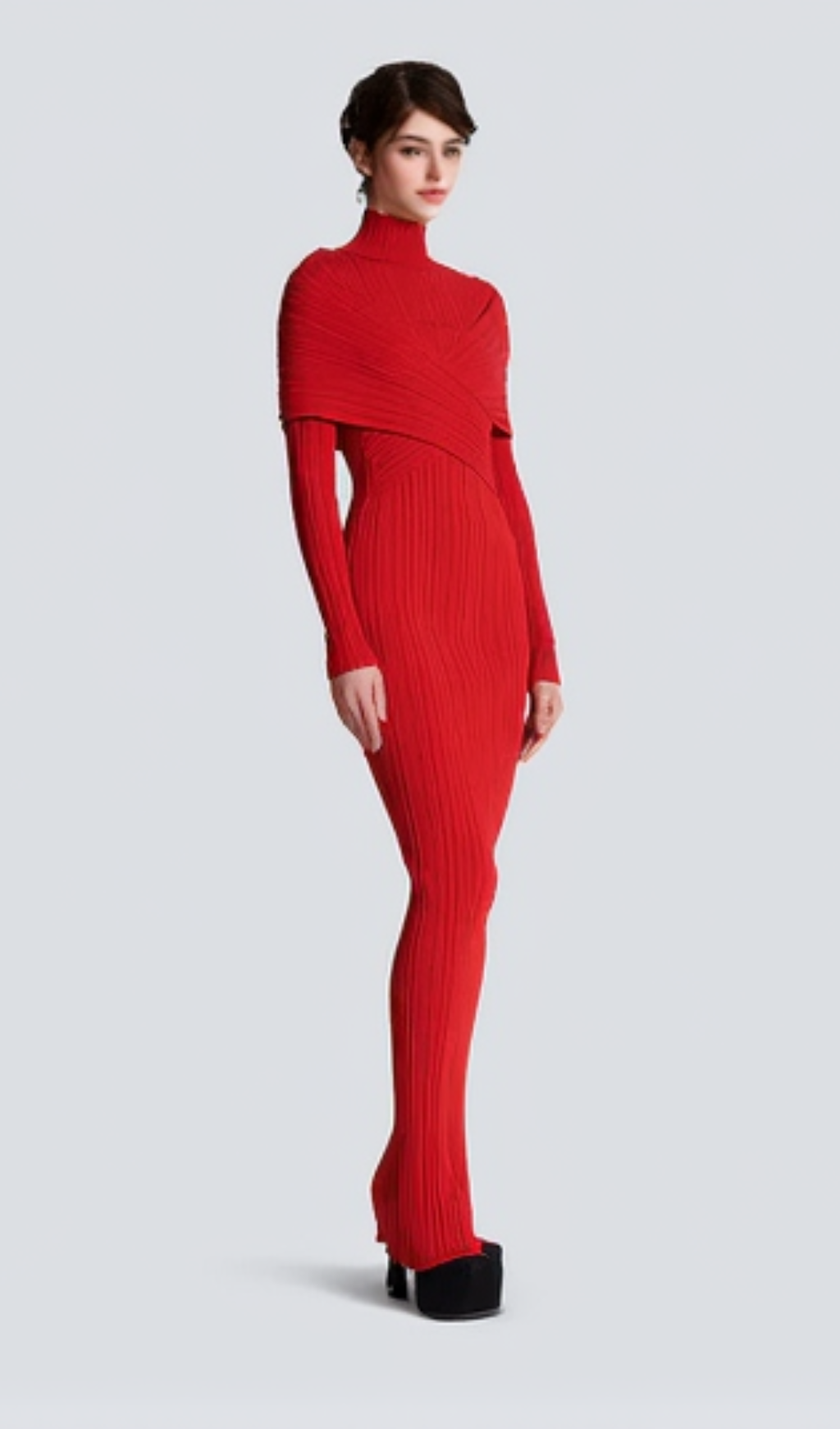 LONG SLEEVE PLEATED KNIT MAXI DRESS IN RED