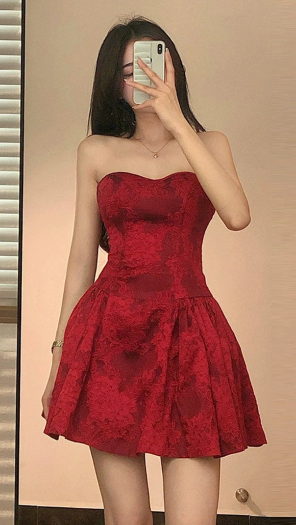 AIIZIE OFF SHOULDER PRINTED MINI DRESS IN RED - product image
