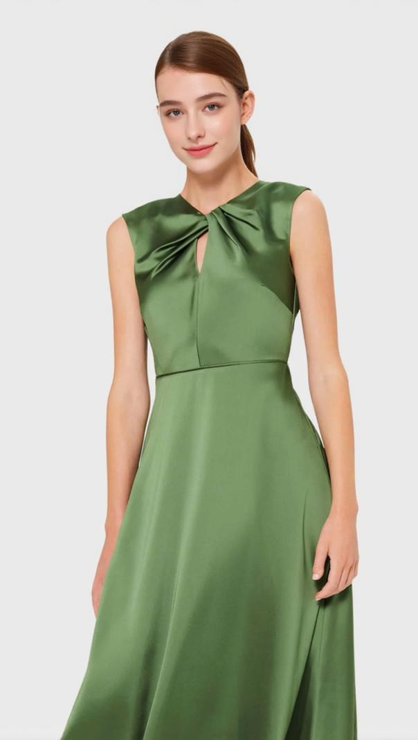 AIIZIE TWIST NECK SATIN MIDI DRESS IN GREEN - product image