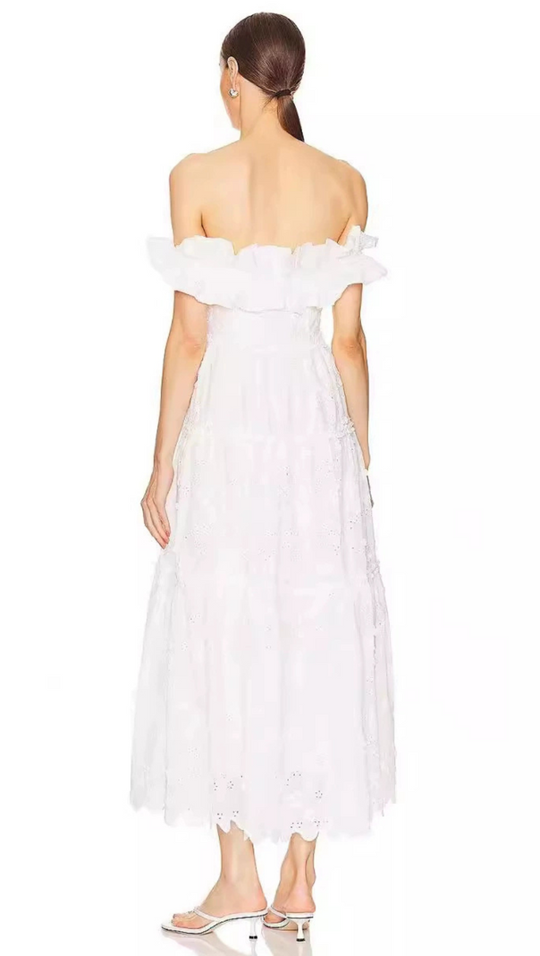 AIIZIE RUFFLE NECKLINE HIGH SPLIT MIDI DRESS IN WHITE - product image