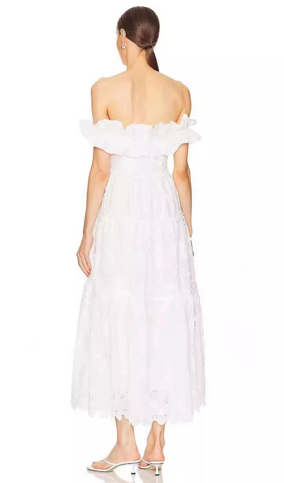 RUFFLE NECKLINE HIGH SPLIT MIDI DRESS IN WHITE