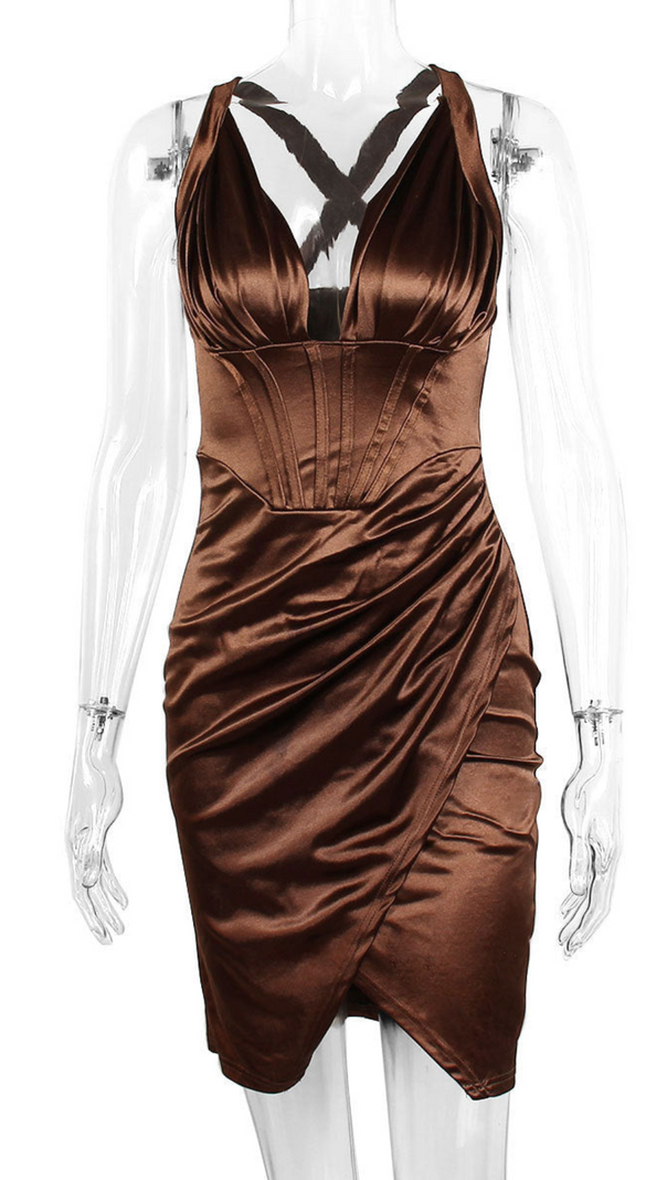 AIIZIE SATIN CORSET MINI DRESS IN CHOCOLATE - product image