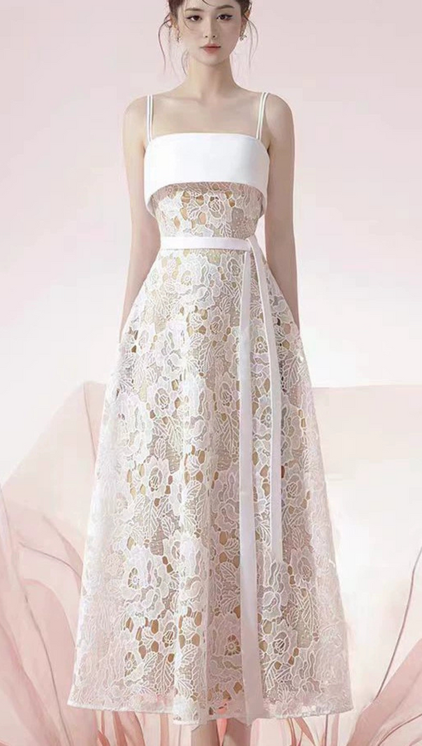 AIIZIE FLORAL EMBROIDERY FLARED MIDI DRESS IN WHITE - product image