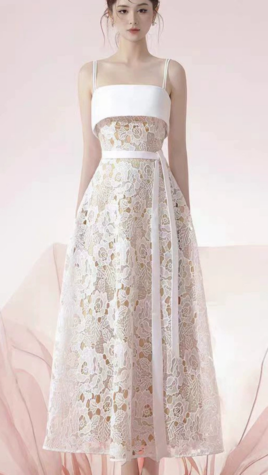 FLORAL EMBROIDERY FLARED MIDI DRESS IN WHITE
