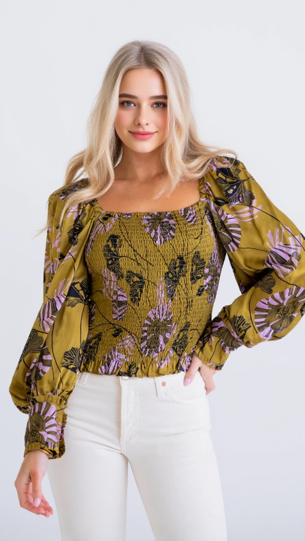 AIIZIE FLORAL BOHO SMOCK LONG SLEEVE TOP - product image