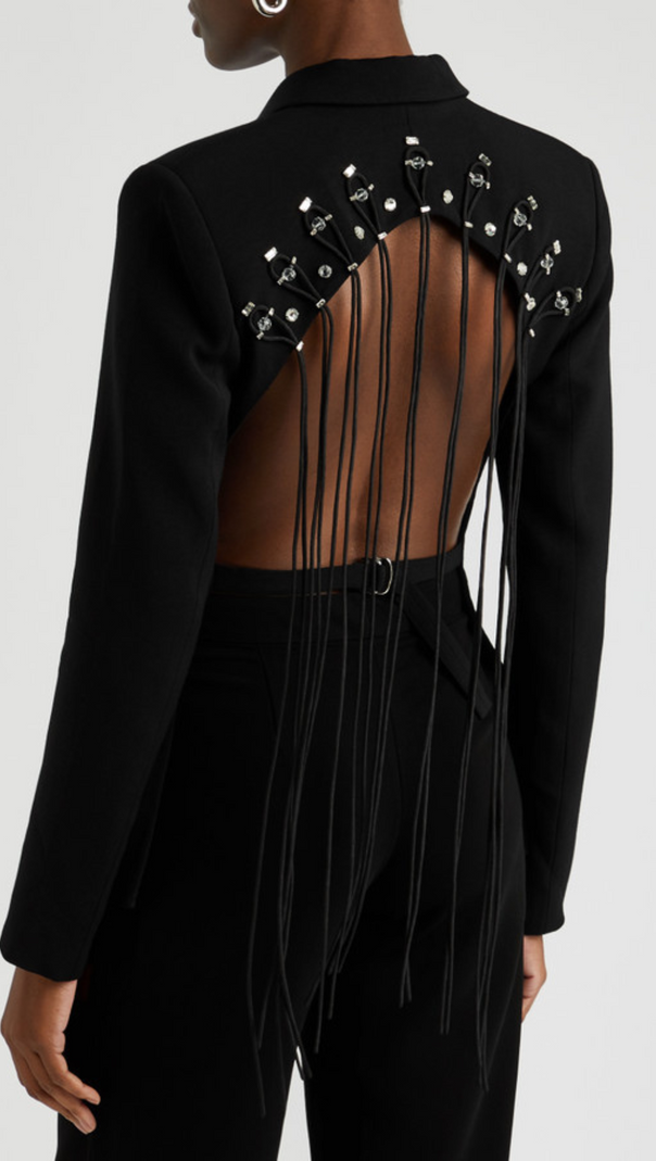 AIIZIE VIENNA HOLLOW FRINGE BACKLESS BLAZER IN BLACK - product image