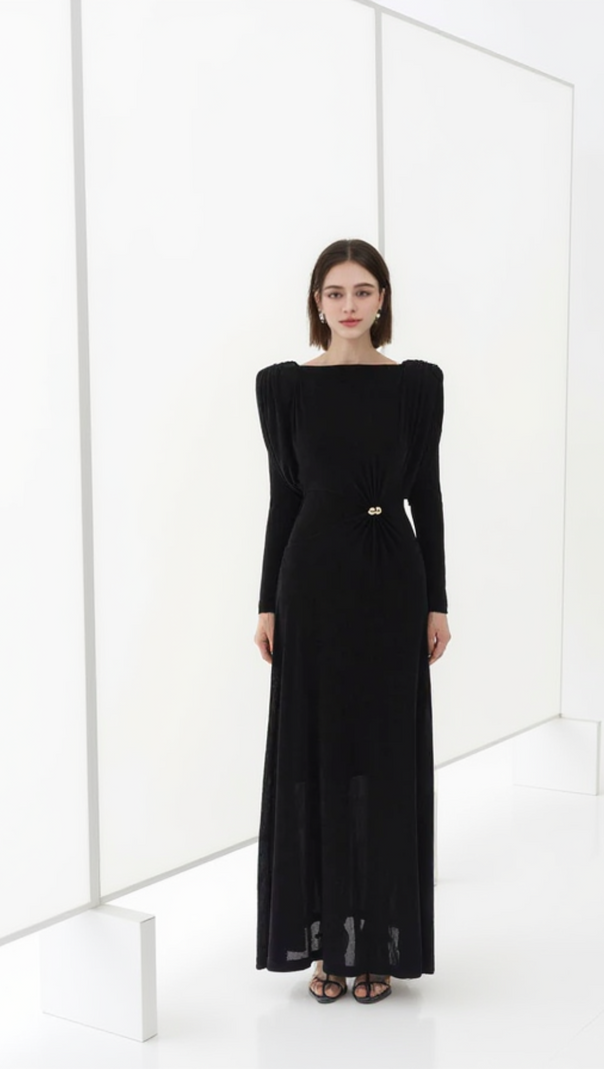 schwarzes, gerade geschnittenes Maxikleid aus Strickstoff mit U-Boot-Ausschnitt