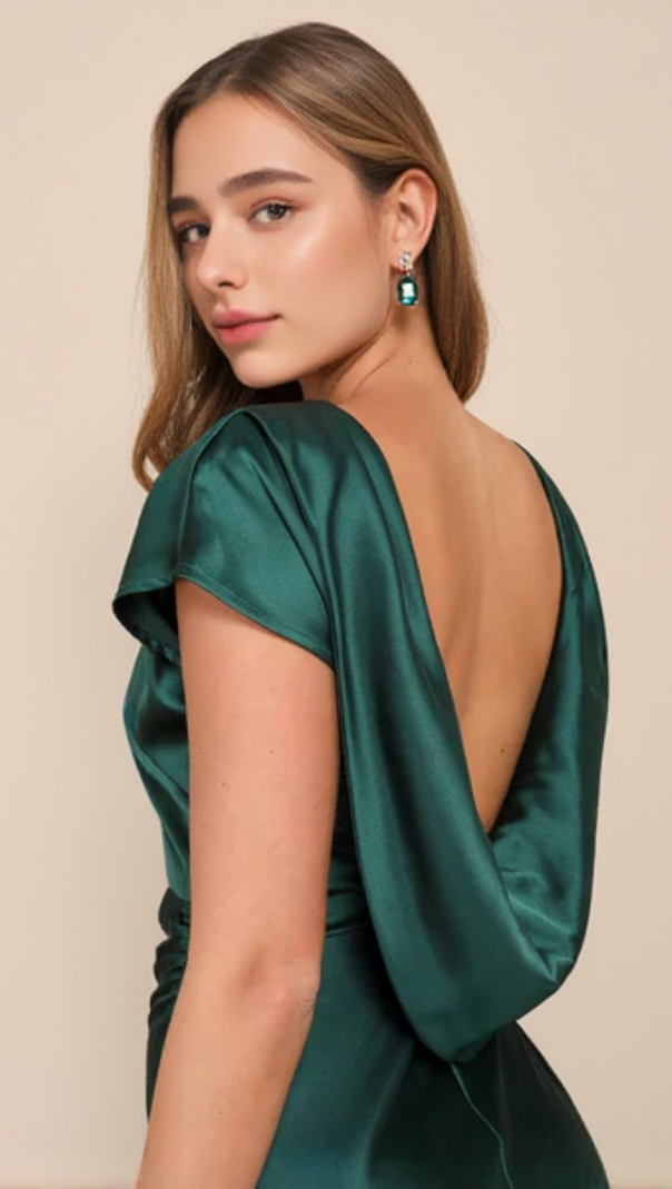 AIIZIE SATIN COWL BACK MAXI DRESS IN FOREST GREEN - product image