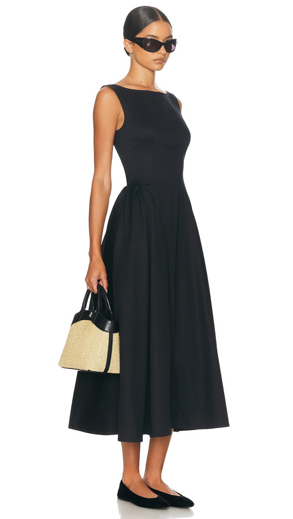 AIIZIE STRETCH COTTON SATEEN MIDI DRESS IN BLACK - product image