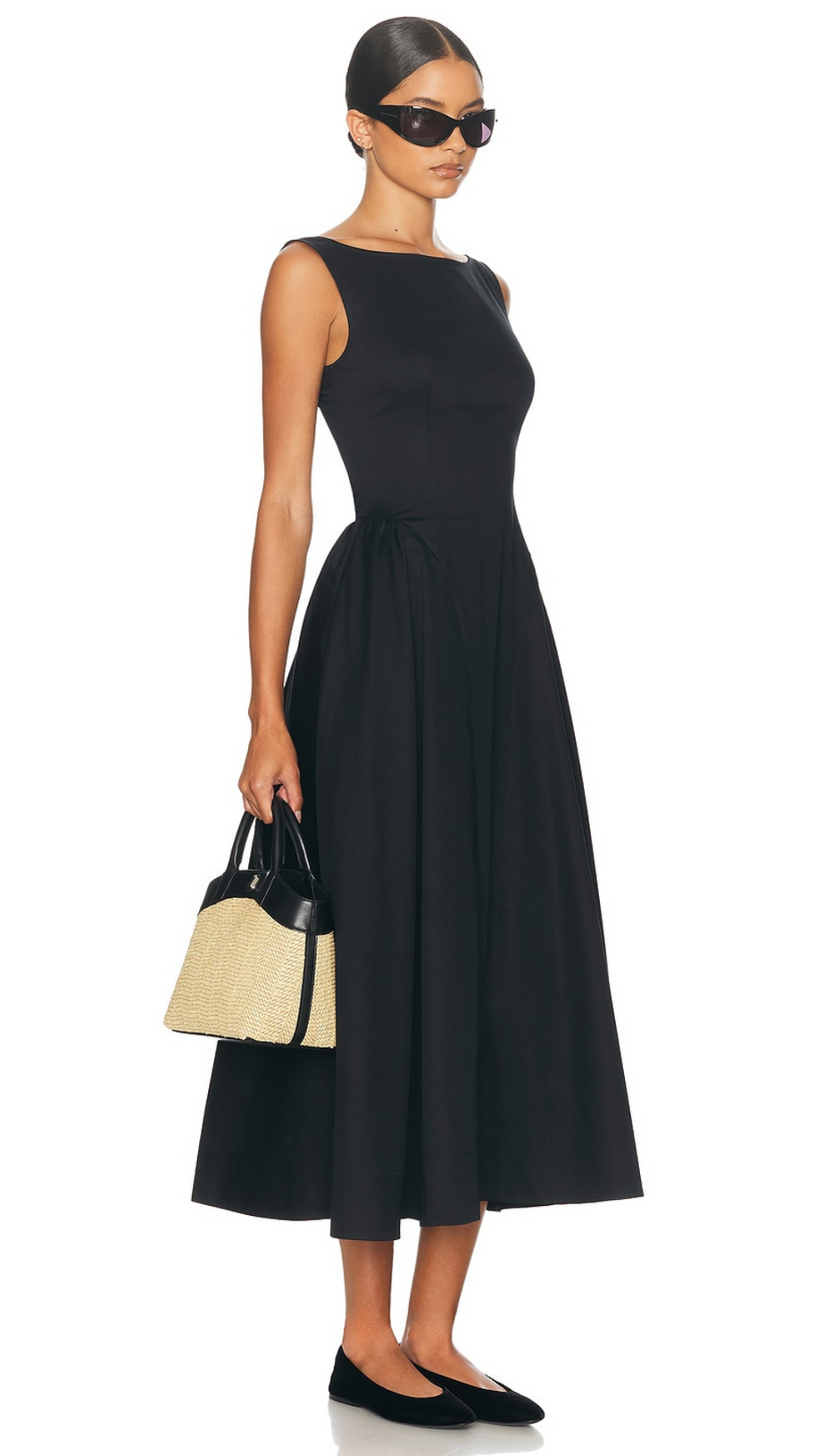 STRETCH COTTON SATEEN MIDI DRESS IN BLACK