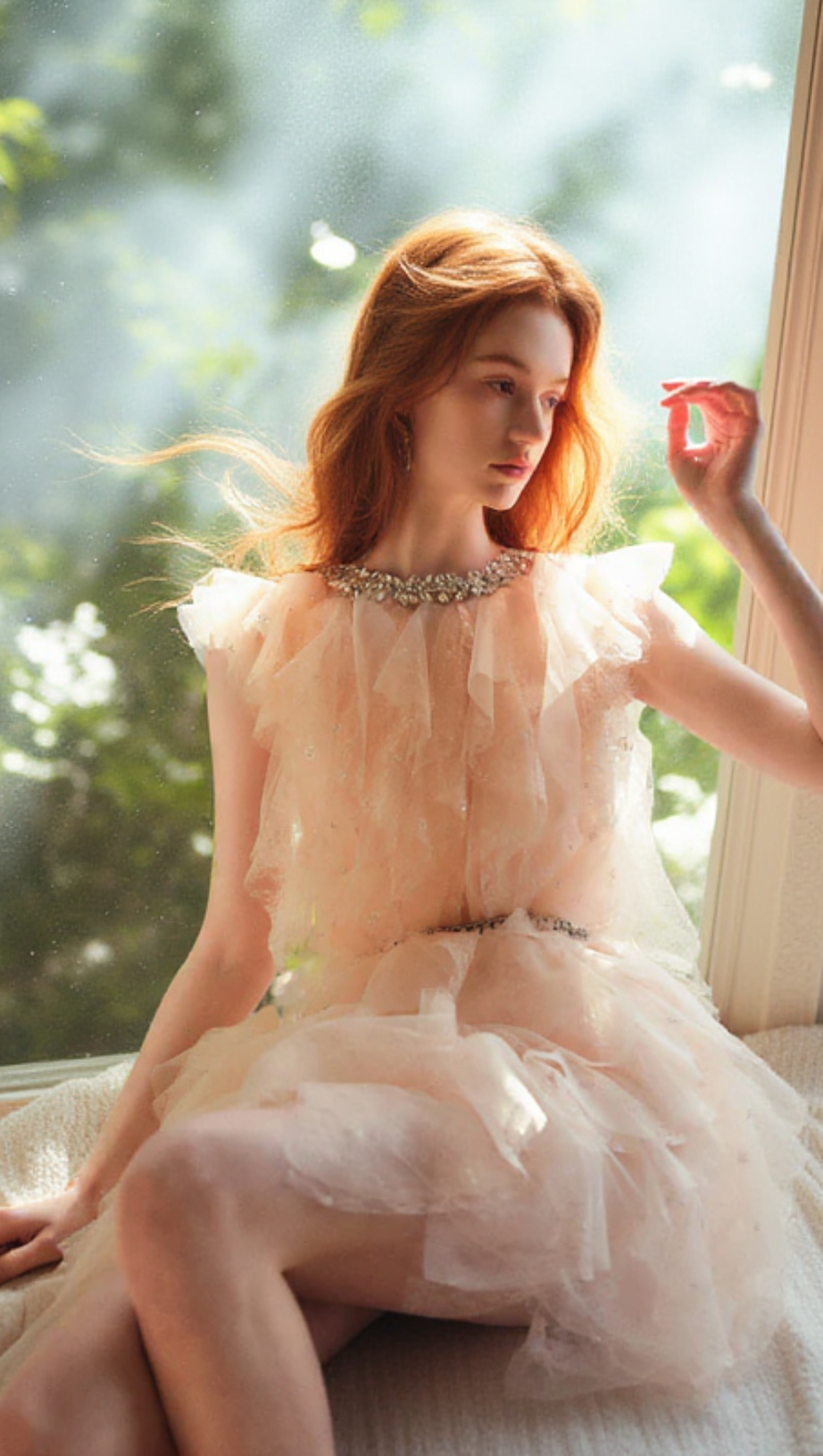 CRYSTAL EMBELLISHED RUFFLE MINI DRESS IN PALE PINK