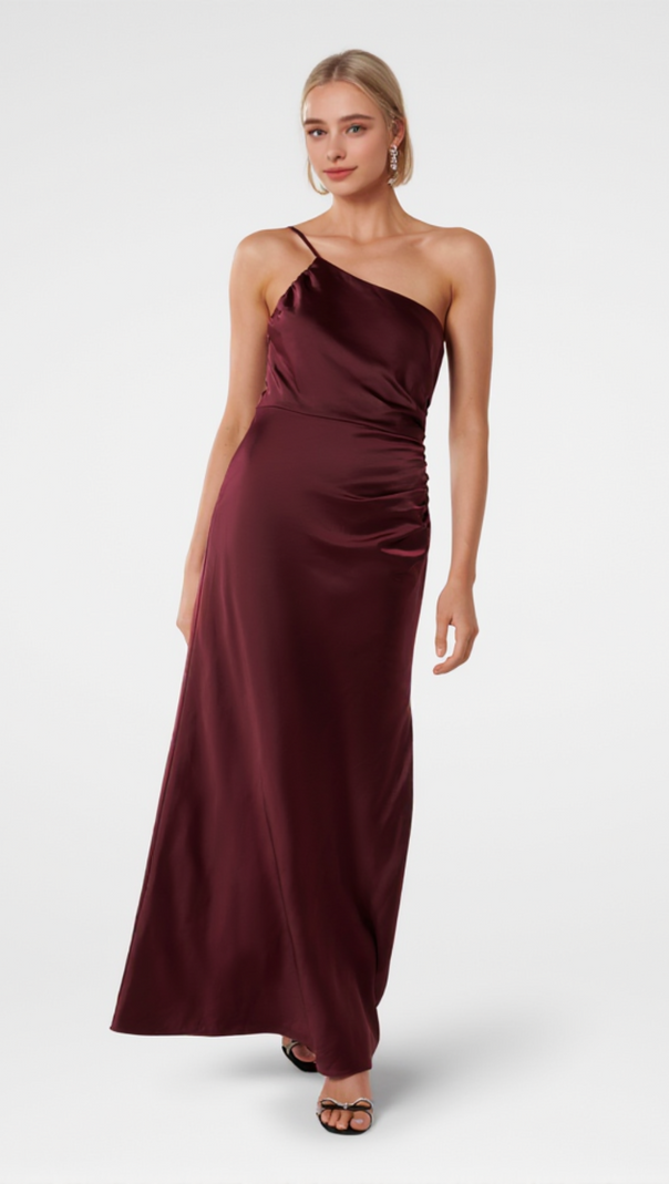 AIIZIE BORDEAUX ONE SHOULDER SATIN MAXI DRESS - product image