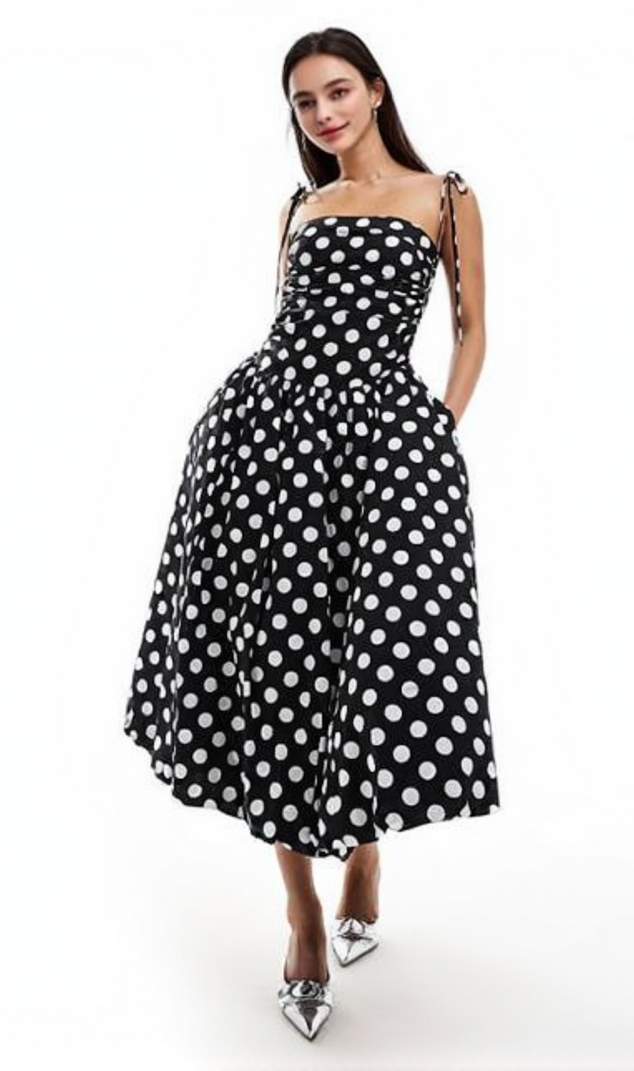 abito midi con spalline a pois monocromatici