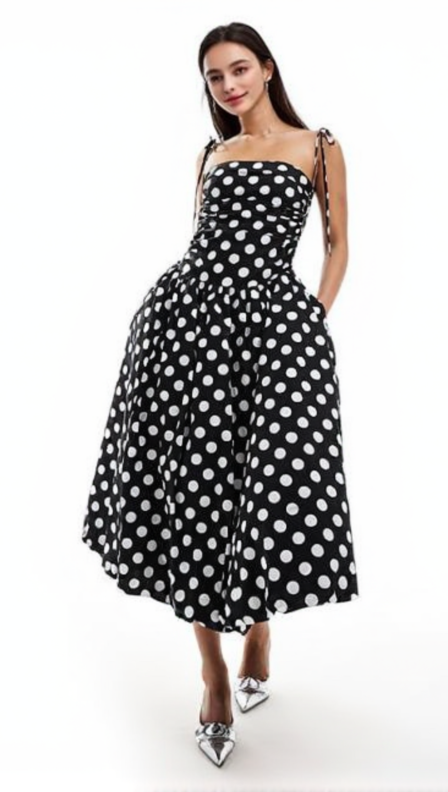 STRAP MIDI DRESS IN MONO POLKA DOT