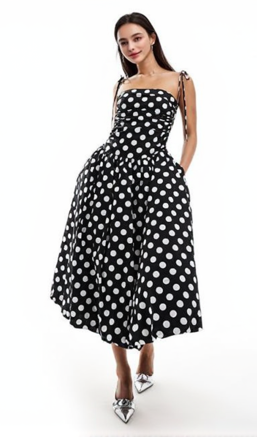 ABITO MIDI CON SPALLINE A POIS MONO