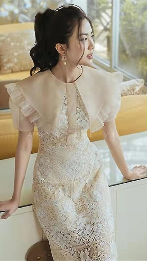 AIIZIE EMBROIDERY RUFFLE MIDI DRESS - product image