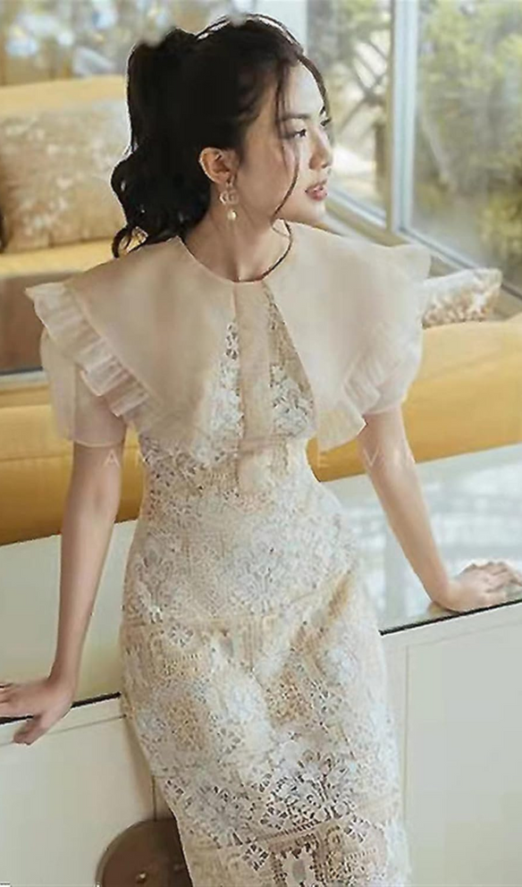 EMBROIDERY RUFFLE MIDI DRESS