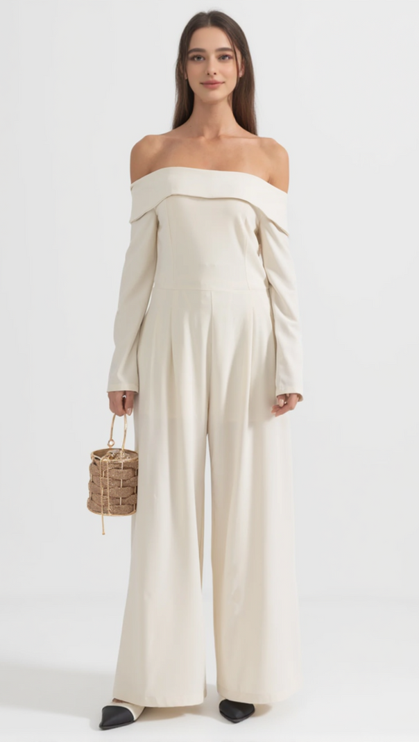 AIIZIE VESPER OFF-THE-SHOULDER CREPE JUMPSUIT IN IVORY - product image
