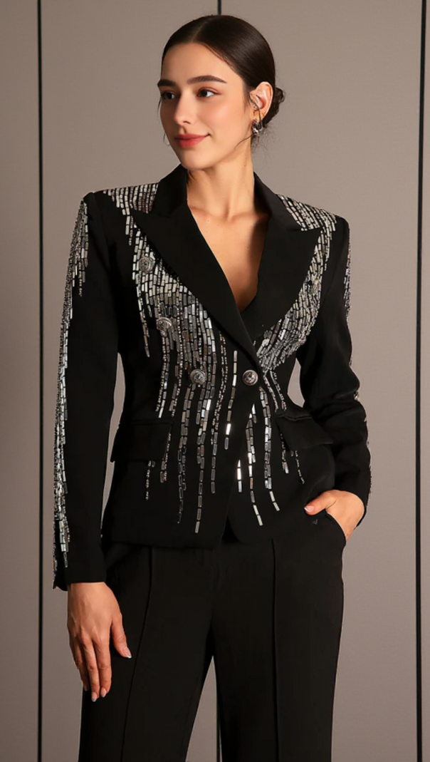 AIIZIE FAIDRA RHINESTONE DOUBLE BREASTED LAPEL BLAZER IN BLACK - product image