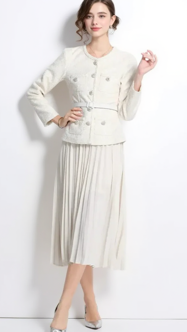 AIIZIE CREAM SEQUIN BOUCLE TAILORED MIDI DRESS - product image