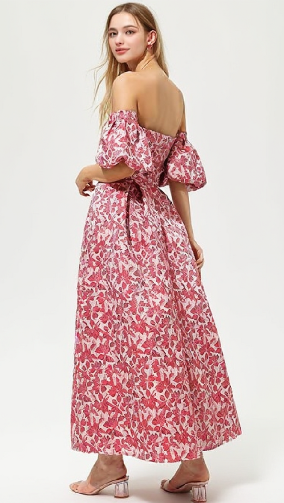 PEACH PRINTED LANTERN SLEEVE MAXI DRESS