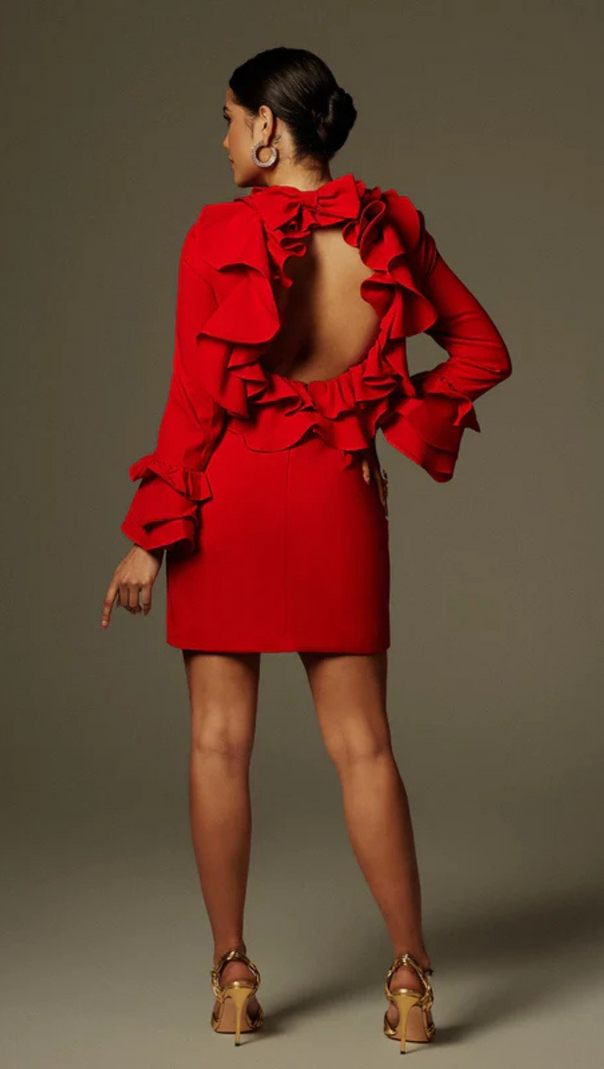 AIIZIE ALESSANDRO RUFFLE BACKLESS MINI DRESS IN RED - product image