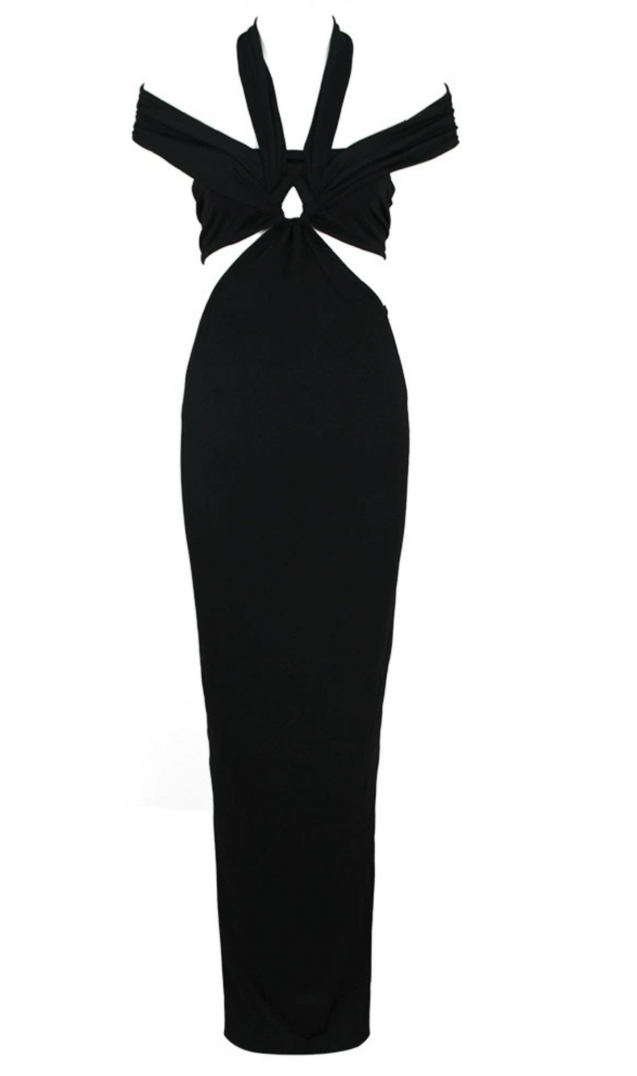 SCHWARZES CUTOUT-HALTER-BANDAGE-MAXIKLEID
